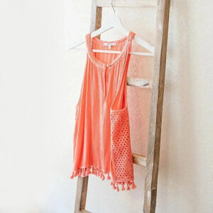 MISS ME SLEEVELESS HALTER TOP MESH POMS FRINGE EMBROIDERED CORAL PEACH SZ L